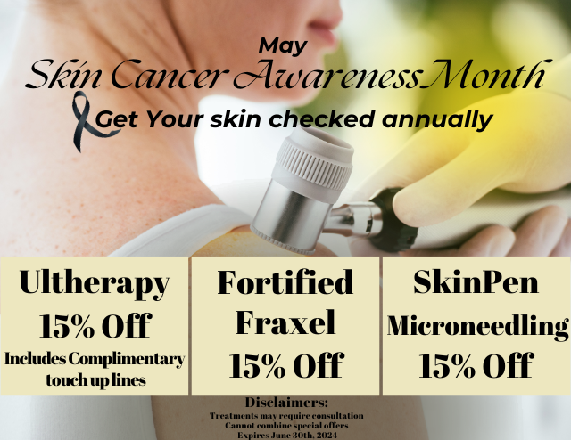 Skin Cancer Awareness, Promotions Ultherapy, Fraxel, Microneedling. 
